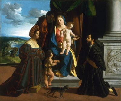 De Heilige Familie, met de jonge Sint-Jan de Doper, een kat en twee schenkers door Dosso Dossi